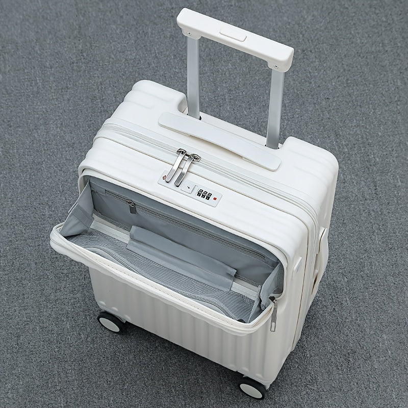 20-Inch Lightweight Hard-Shell Spinner Luggage with USB Port, Expandable Handle, and Multi-Directional Wheels, Stylish White Suitcase for Travel and Business Trips.