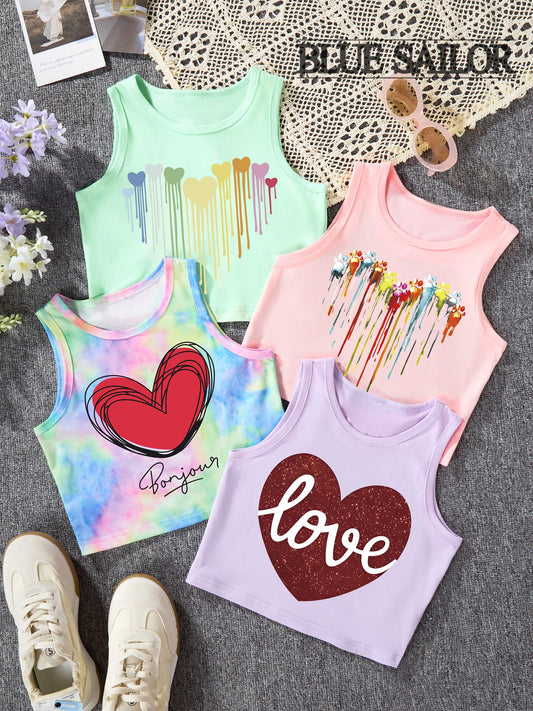 4 BlueSailor Love Heart Print Tank Tops - Vibrant Multicolor Polyester & Elastane Blend, Crew Neck, Non-Transparent - Perfect for Summer Casual Wear