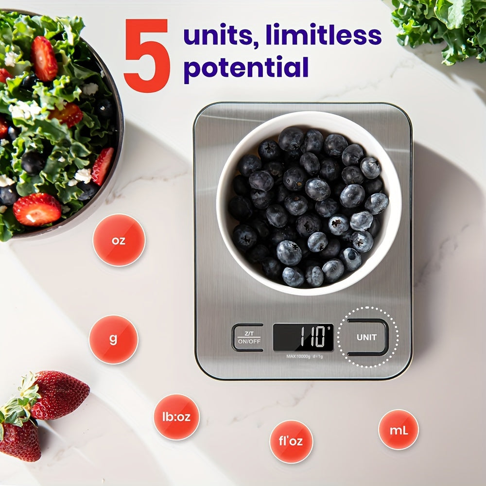 22lb/10kg capacity digital kitchen scale with grams & ounces display, tare function, stainless steel design, easy to clean. Ideal for baking, cooking, coffee weighing, and postage.