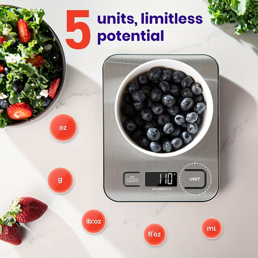 22lb/10kg capacity digital kitchen scale with grams & ounces display, tare function, stainless steel design, easy to clean. Ideal for baking, cooking, coffee weighing, and postage.