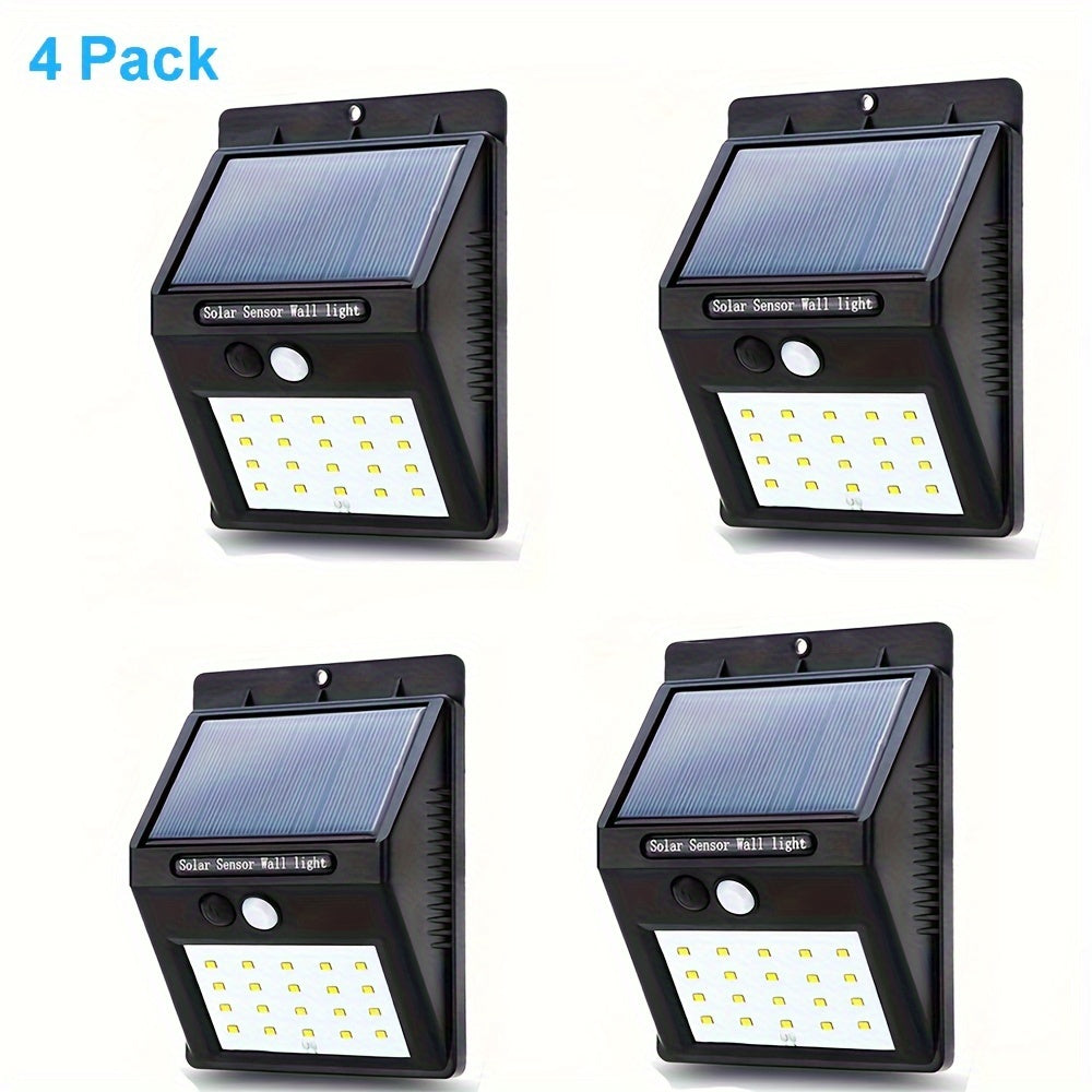 Solar powered motion sensor lights with rechargeable battery for outdoor security, suitable for garden, fence, patio, and garage. Available in sets of 4 or 8.