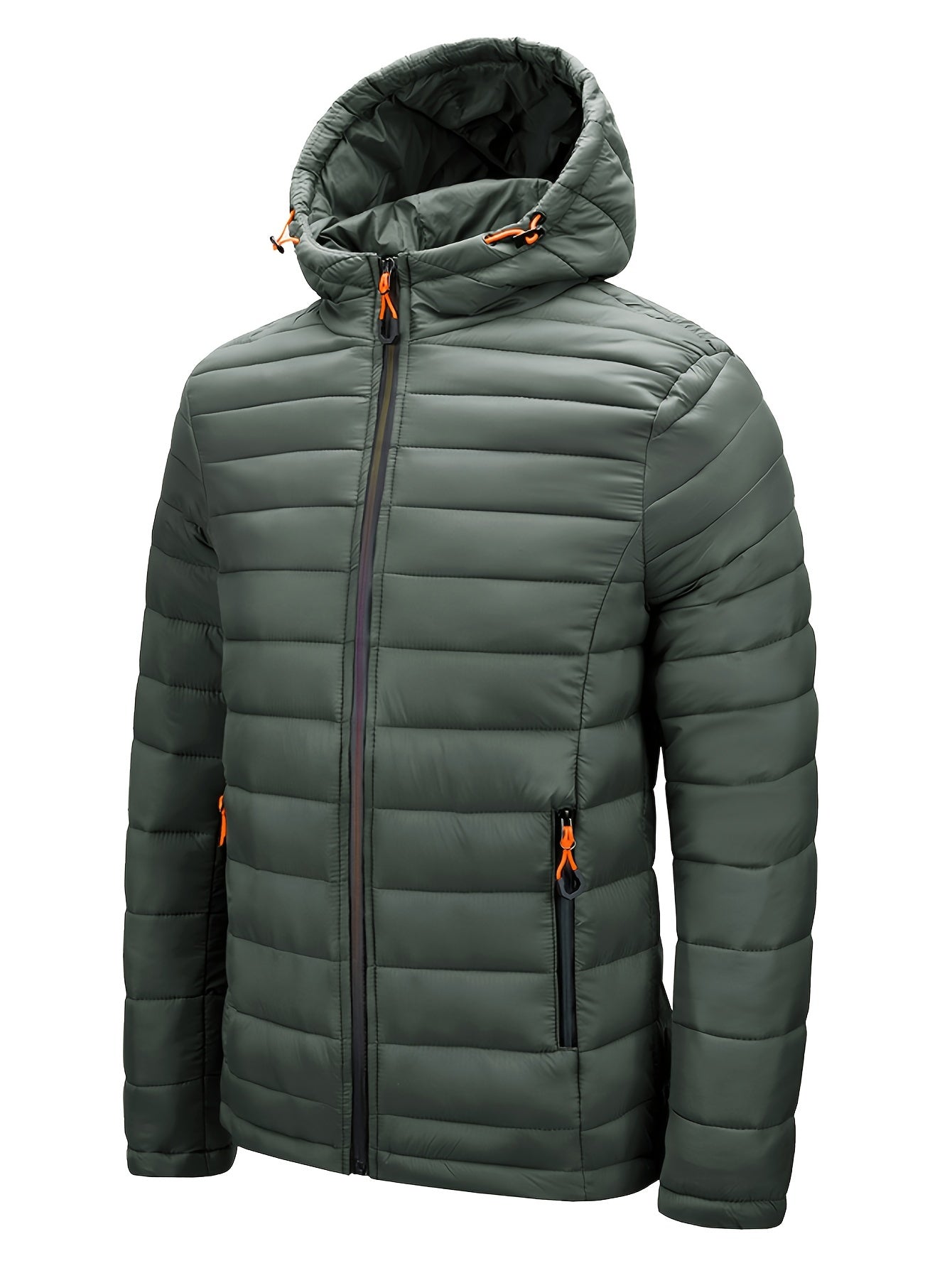 Men's winter hooded jacket with green and orange zipper pockets, made of a warm nylon-polyester blend. Features a full-zip design, ribbed cuff sleeves, and quilted insulation for casual