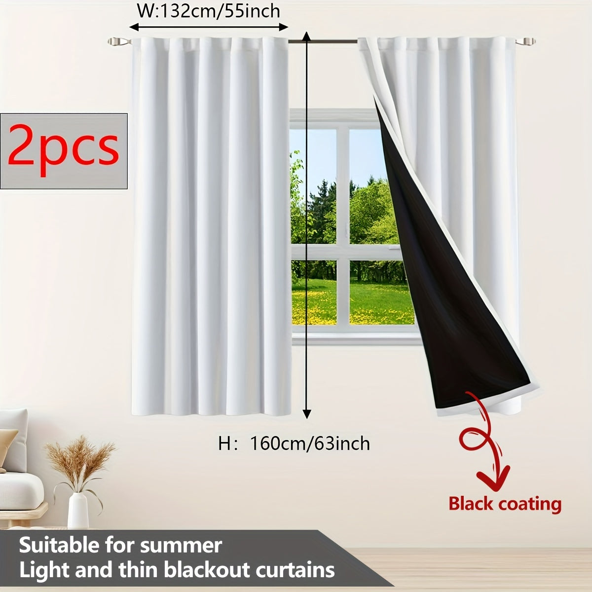 Two pieces of contemporary blackout curtains made from thermal insulated twill weave polyester. They are designed to reduce noise and block out light, making them perfect for the living room, bedroom, or study. These curtains feature a hook and ring rod