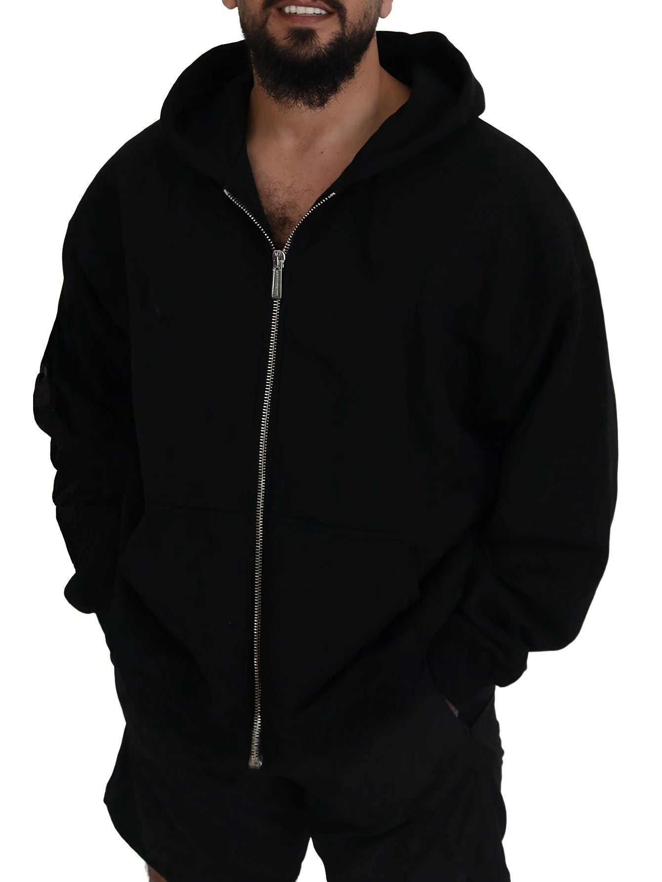 Men's casual black zip-up hoodie made of polyester, ideal for outdoor sports, machine washable, suitable for hip-hop necklace, available in plus size.