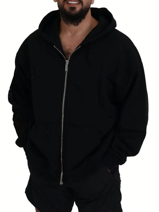 Men's casual black zip-up hoodie made of polyester, ideal for outdoor sports, machine washable, suitable for hip-hop necklace, available in plus size.