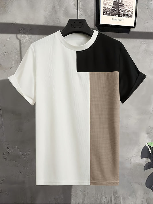 Quick-dry color block t-shirt with breathable polyester fabric and round neckline; machine washable.