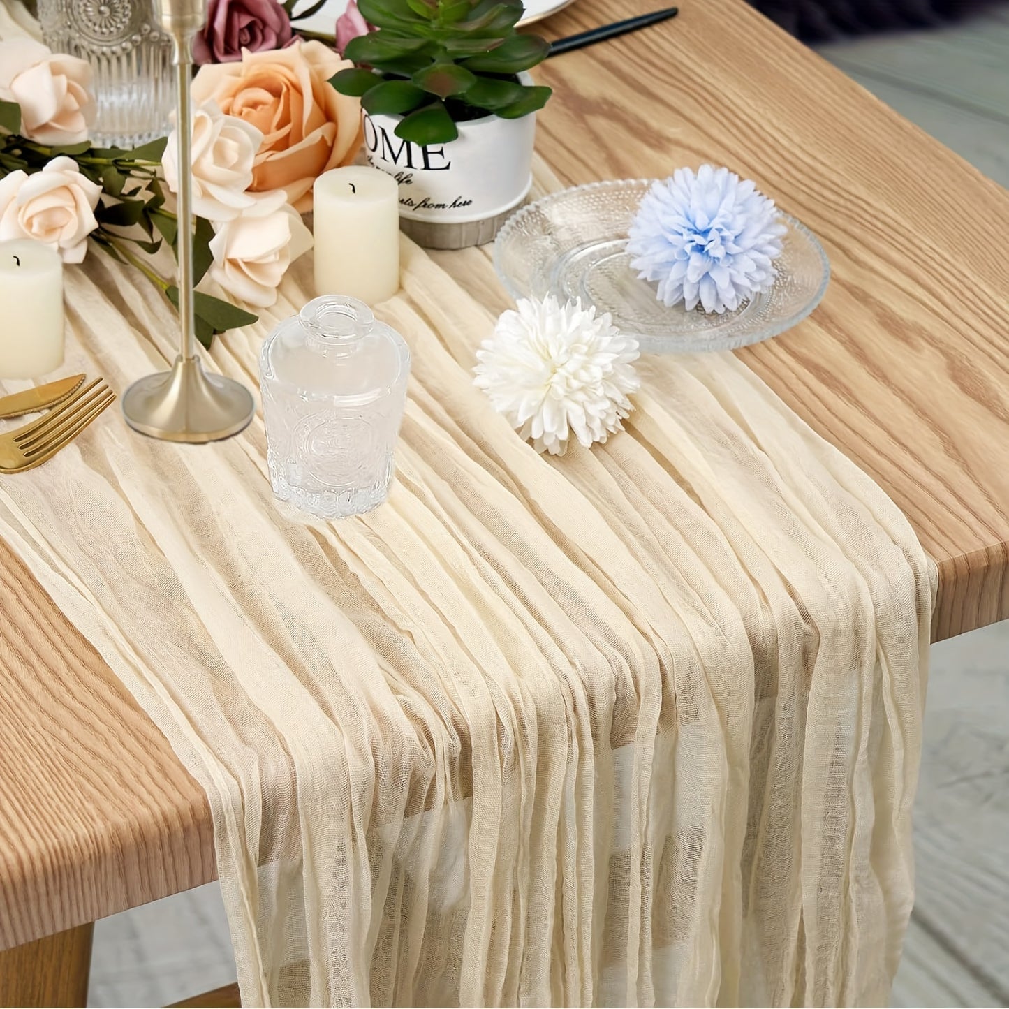 Polyester crinkle table runner for rustic wedding decor.