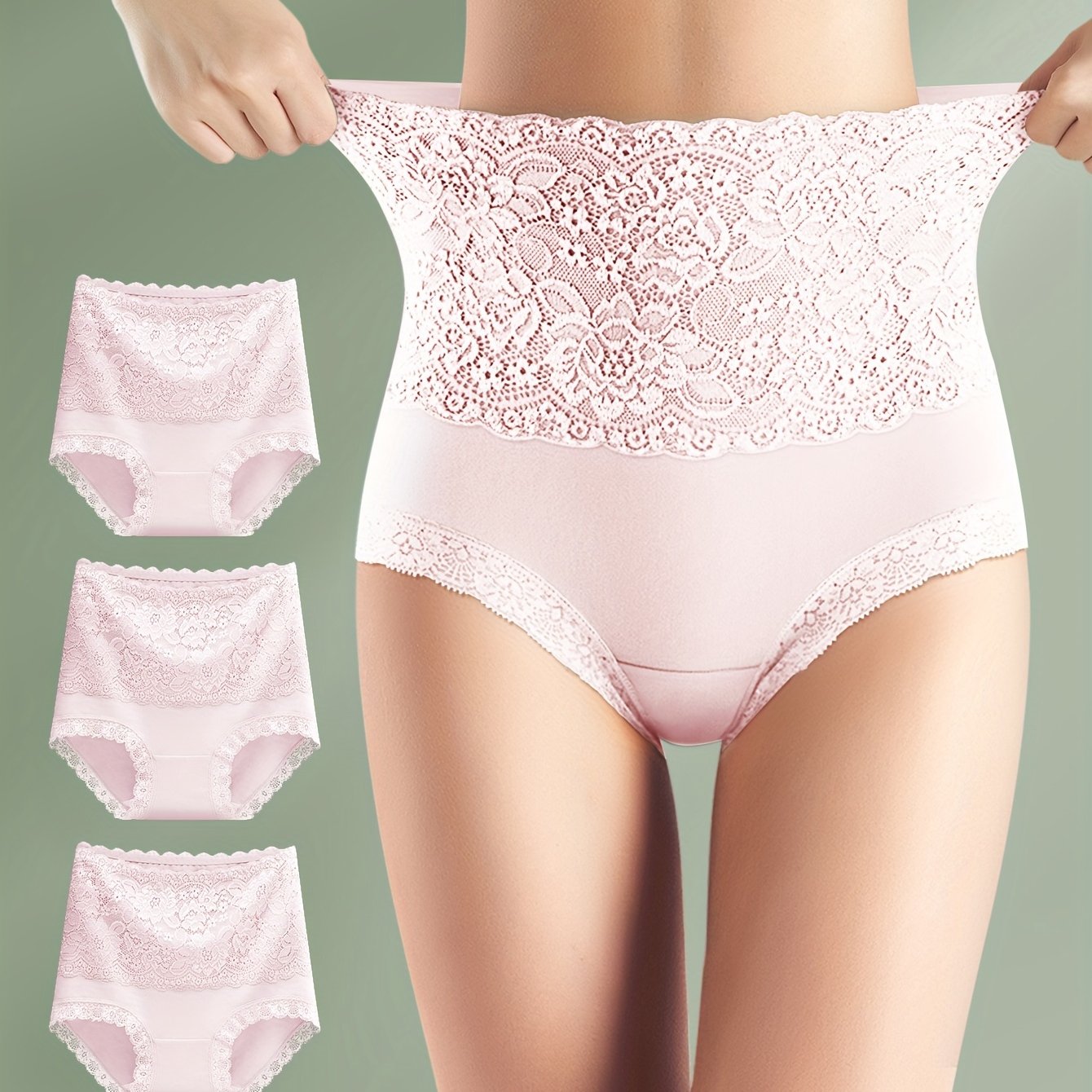 Set of 3 elegant high-waisted tummy control shapewear panties with lace detail for women