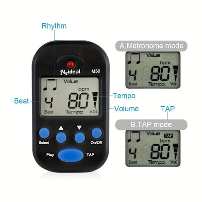 Mini electronic metronome for multiple instruments in black color.