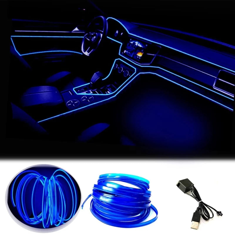 Blue LED car interior lighting strip without battery, can be flexibly installed, adding neon light decoration to your car.