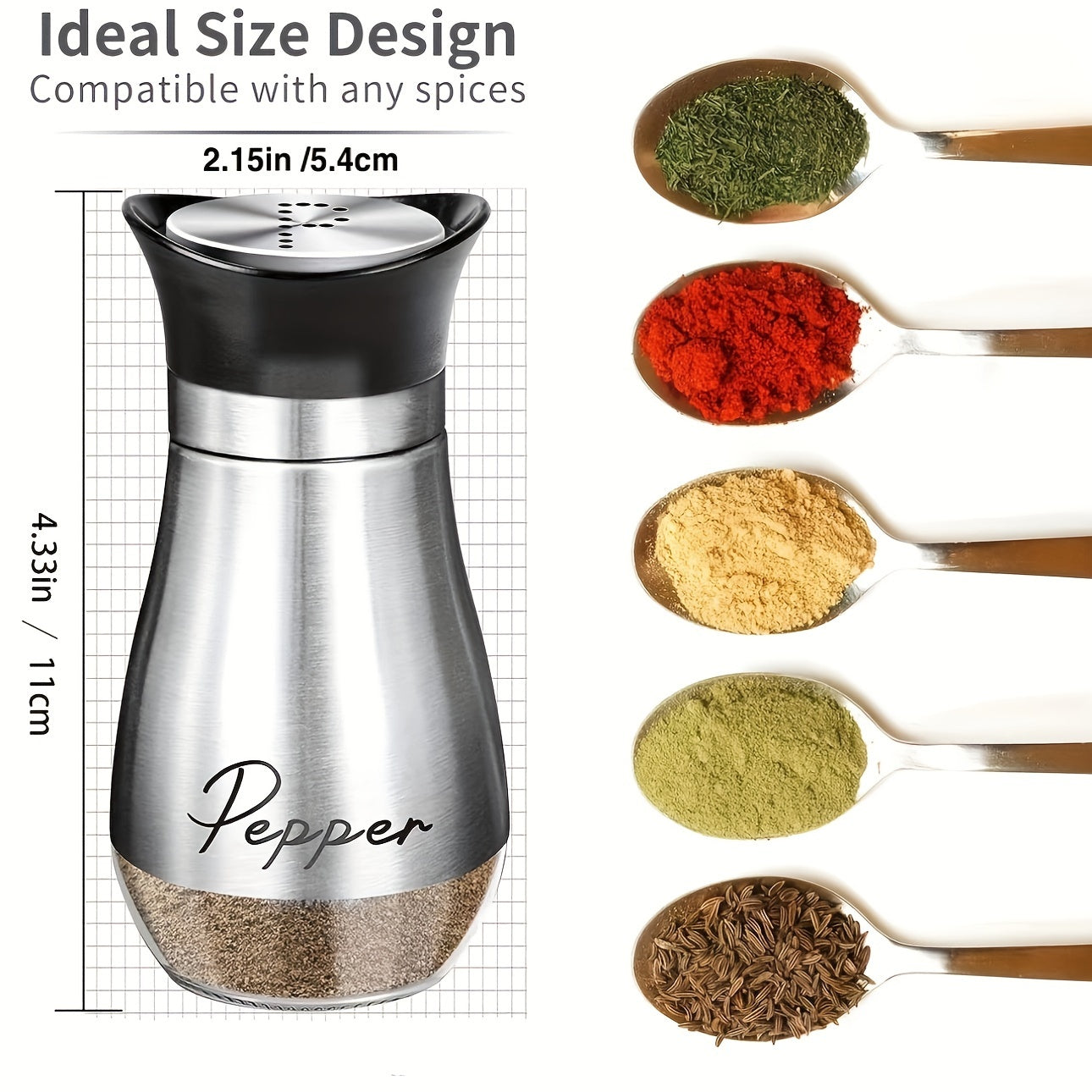 2-piece salt and pepper seasoning bottle set with 4 oz glass jars and stainless steel covers. Perfect for kitchen, dining, RV, camping, and barbecue. Can be refilled. Ideal for kitchen decor and as holiday gifts.