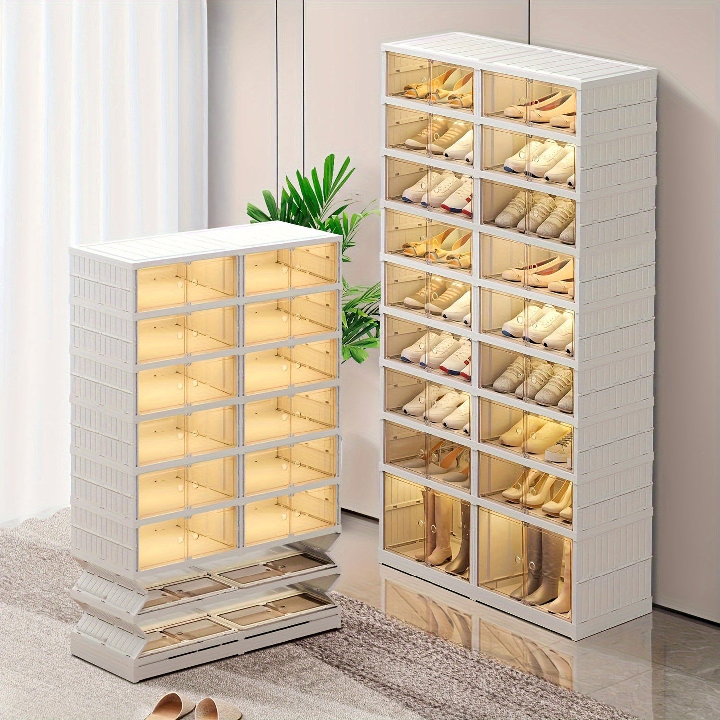 1 piece of a foldable shoe rack with 6/9 tiers for organizing your shoes in the closet. Made of durable plastic, this collapsible shoe shelf comes with a stackable clear shoe box with a door for easy access. This shoe cabinet is easy to assemble and is