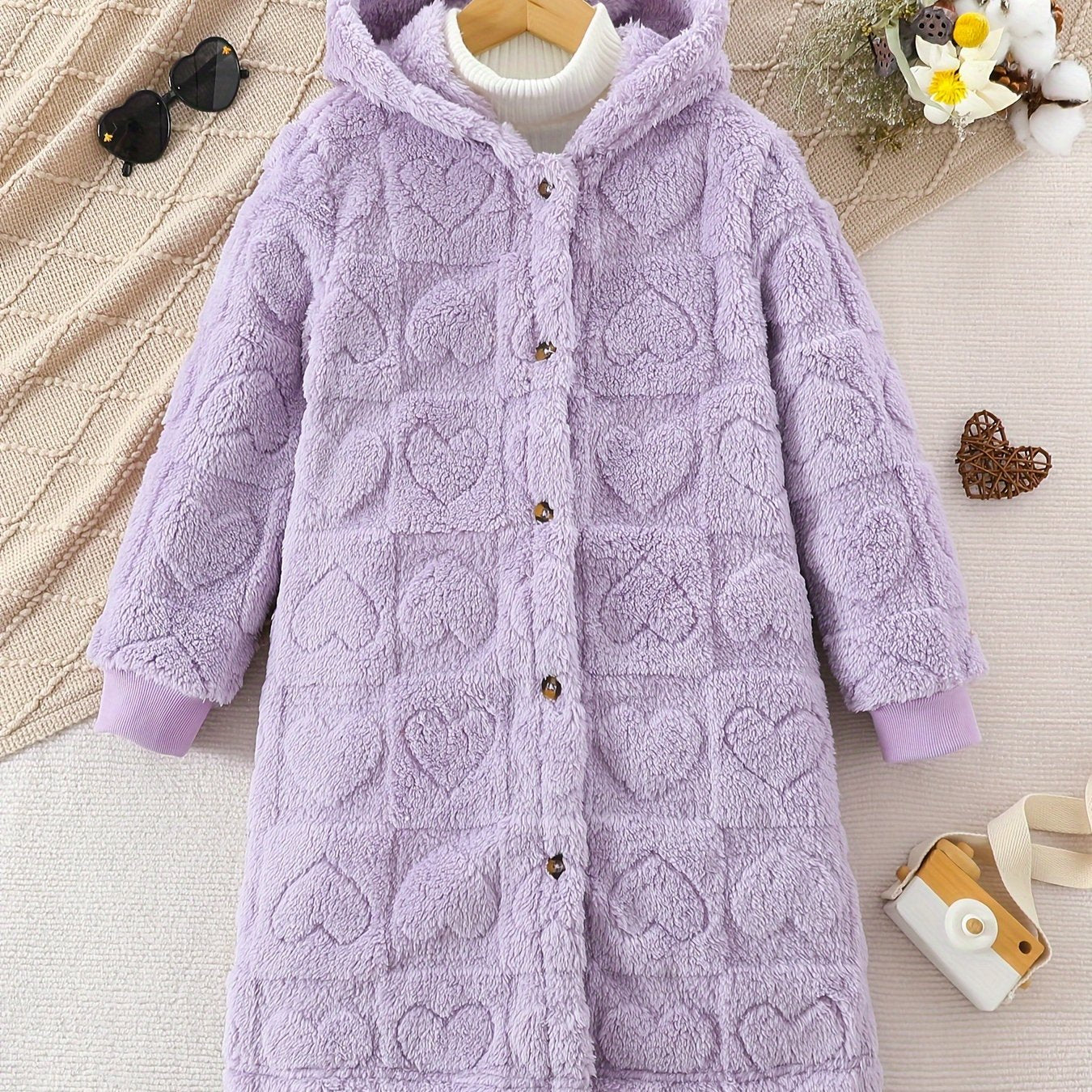 Girls' cozy fleece-lined hooded jacket in solid color with button-up long sleeves, pockets, knee-length, perfect for fall/winter. Regular style, not for deal.