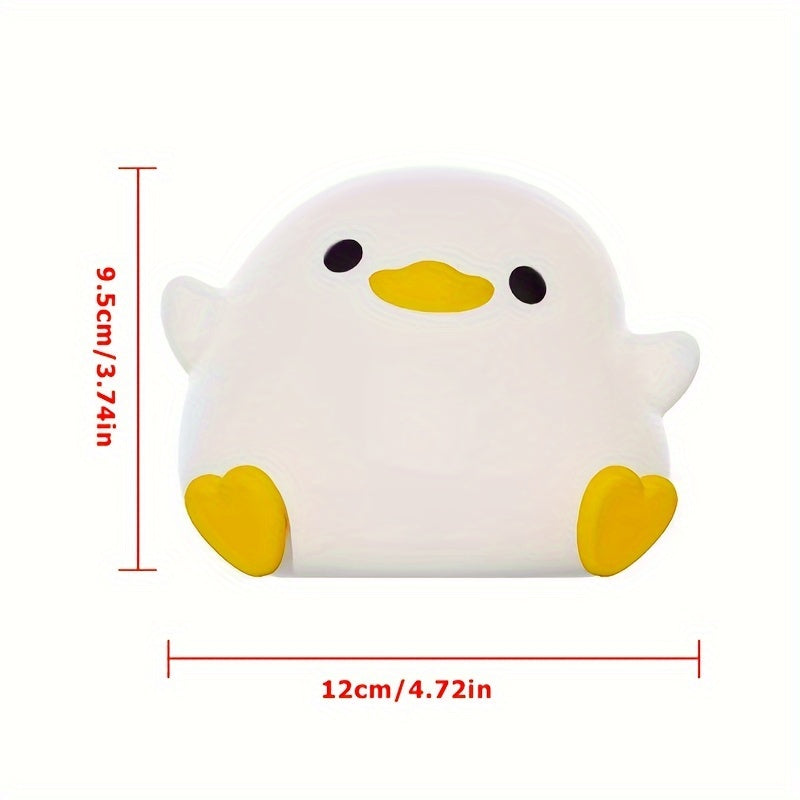 Soft light eye protection silicone night light in the shape of a duck, with 7-color tap light feature. This small table lamp is perfect for use in the bedroom or while breastfeeding. Requires 3 AAA batteries (not included).