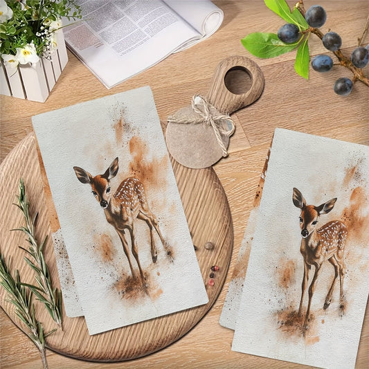 Set of 2 Ultra Soft Kitchen Towels featuring a Rustic Fawn Design - these highly absorbent dish towels are machine washable and have a contemporary watercolor style. Measuring 40.64x60.96 cm, they are perfect for holiday decor and make great addition to