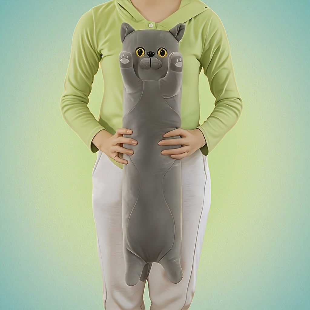 Adorable Cartoon Cat Plush Long Hug Pillow made of soft polyester, suitable for small dogs & cats. Ideal sofa companion.