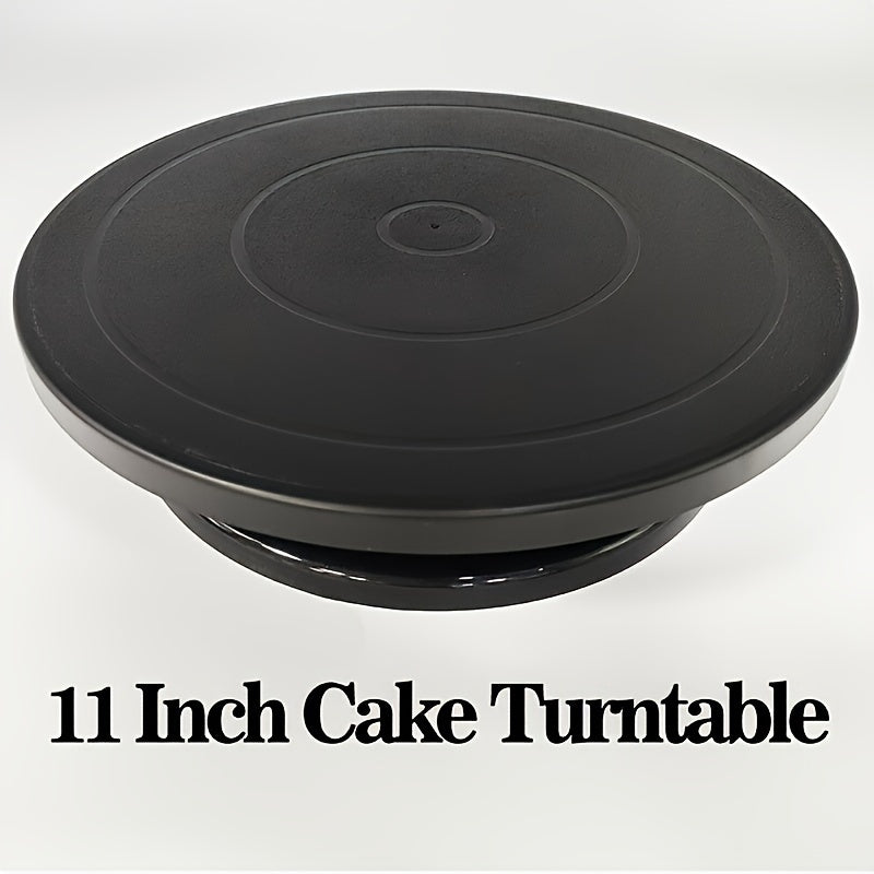 Black Cake Turntable measuring 11 inches/28cm in diameter, designed for manual rotation. Ideal for baking and cake decorating, this flat turntable is a must-have item for kitchen and bakery supplies. Enhance your culinary creations with this decorative