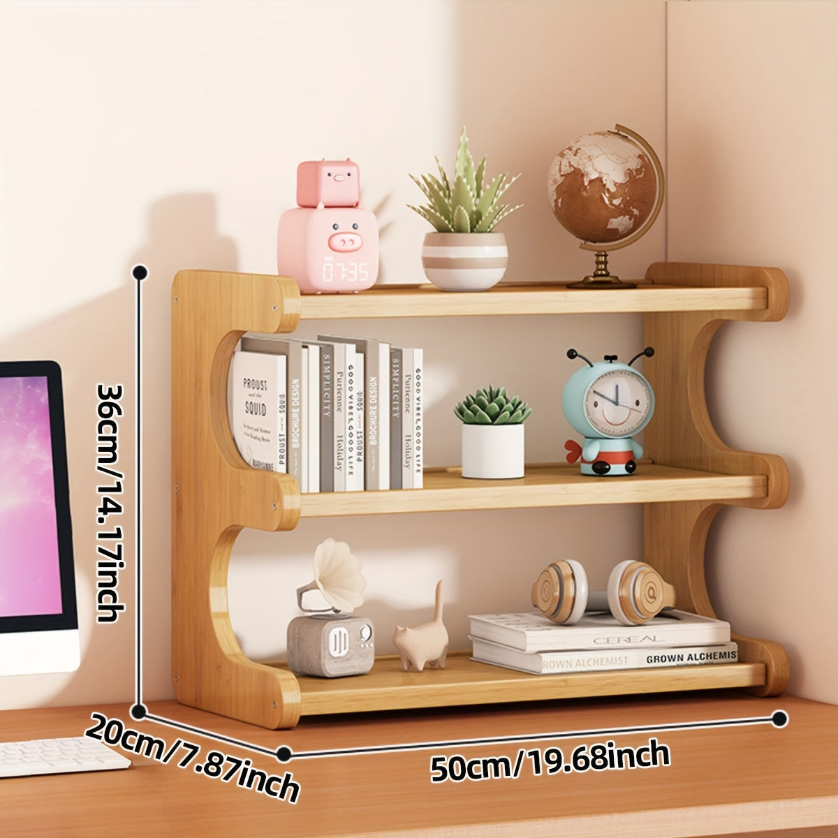 Curved Bamboo Desktop Stand with 4 Layers for Small Countertop Storage and Home Decoration, Multifunctional and Space-Saving Display Rack, Dimensions 20*50cm