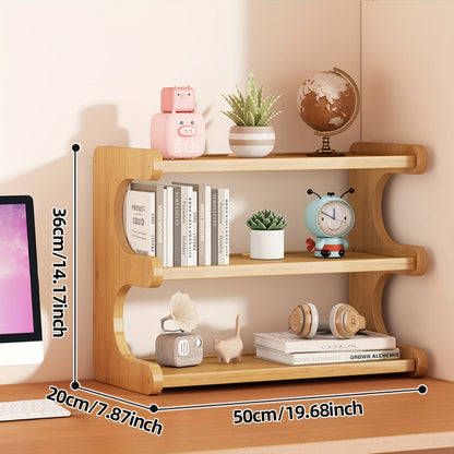 Curved Bamboo Desktop Stand with 4 Layers for Small Countertop Storage and Home Decoration, Multifunctional and Space-Saving Display Rack, Dimensions 20*50cm