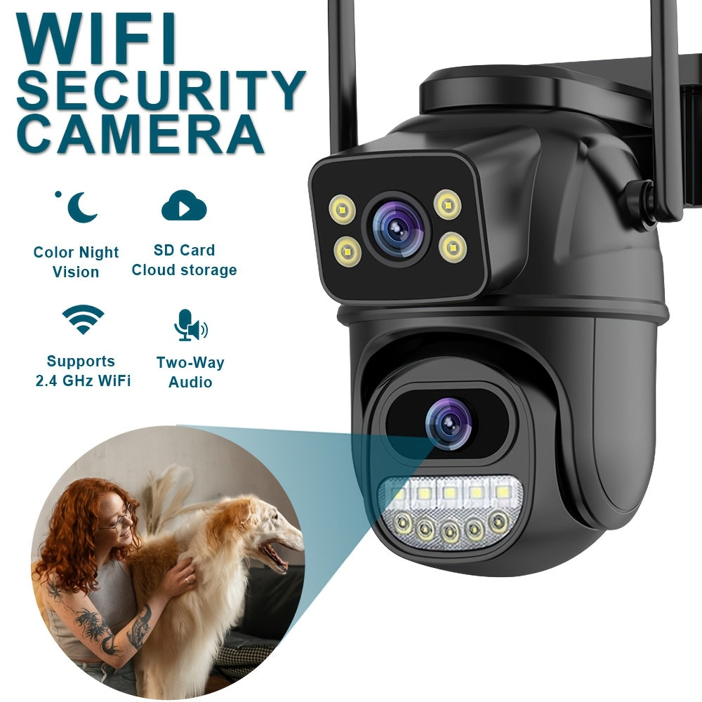 4K Wireless PTZ security camera with auto-tracking, dual lens, two-way audio, color night vision, SD card & cloud storage, automatic exposure, European plug, 1080p video capture resolution.