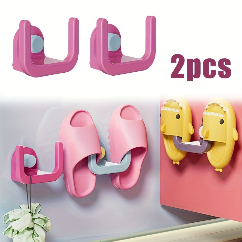 Bathroom slipper rack in dopamine style, features two pieces with suction cup hooks for easy installation. Versatile design also functions as a shoe storage rack, toilet shelf, and wall hanger bracket without the need for punching holes.