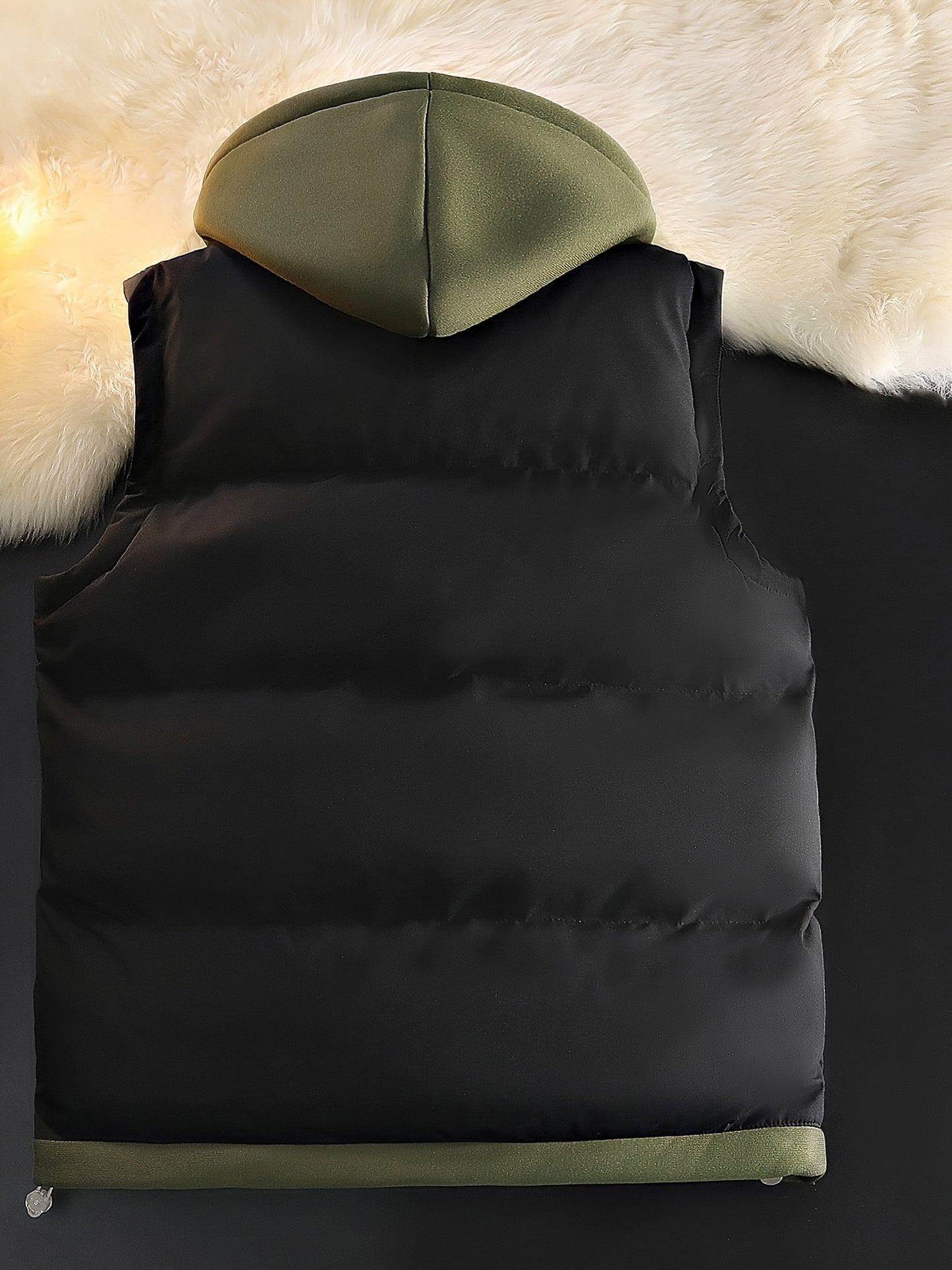 Sleeveless, hooded vest jacket with faux two-piece design for fall/winter, machine washable.