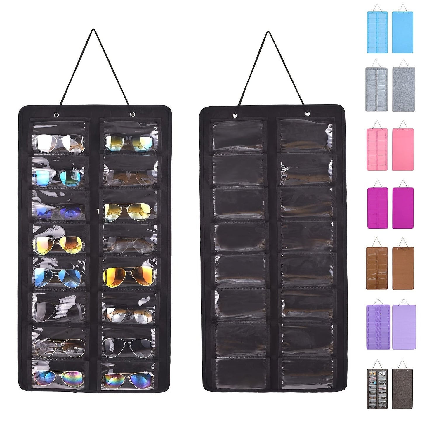 Get yourself the perfect solution for organizing your glasses with this 16-Slot Glasses Organizer. This hanging PVC wall pocket is dust-proof and includes a metal hook and sturdy rope for easy hanging. Ideal for storing women's fashion accessories, this