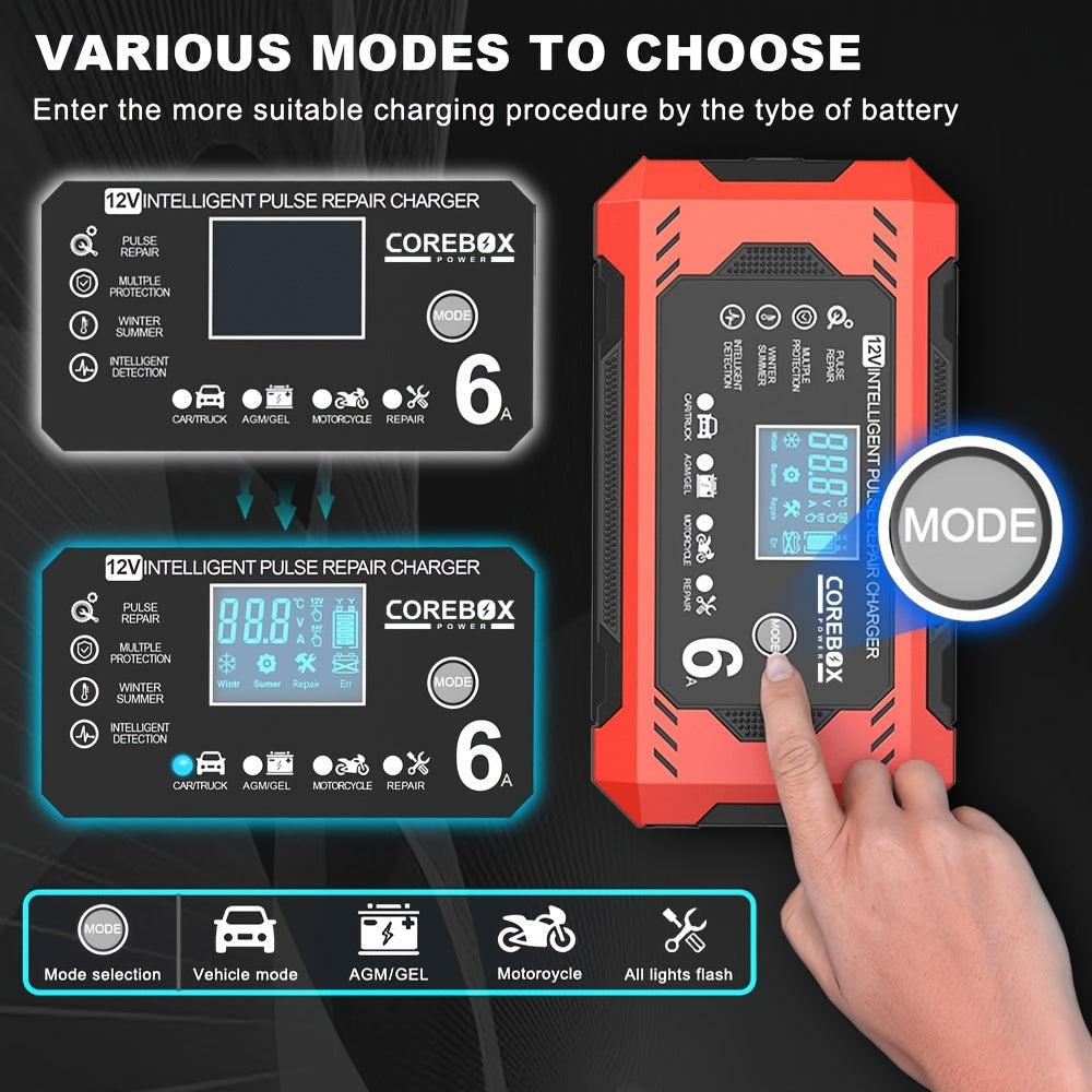 COREBOX 12V 6A Smart Battery Charger with LCD Display - Versatile lead-acid trickle charger for a variety of vehicles with overcharge, short circuit, and polarity protection. Portable and