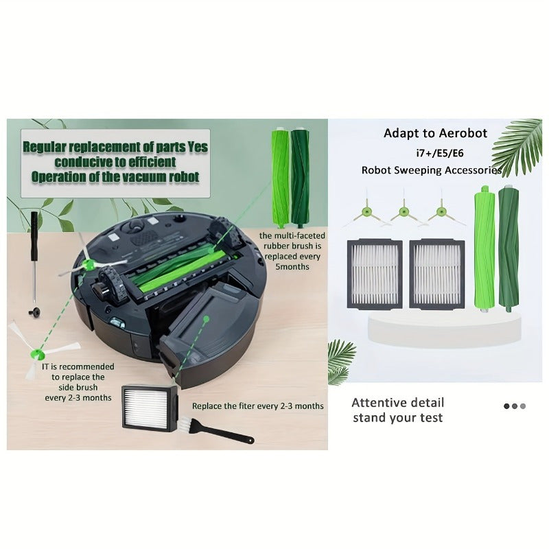 Robot Vacuum Battery Replacement Parts Kit includes 2 Dual-Surface Rubber Brushes, 3 HEPA Filters, and 3 Edge Sweeping Brushes. Made of durable plastic, these attachments are easy to install and compatible with various vacuum cleaners.