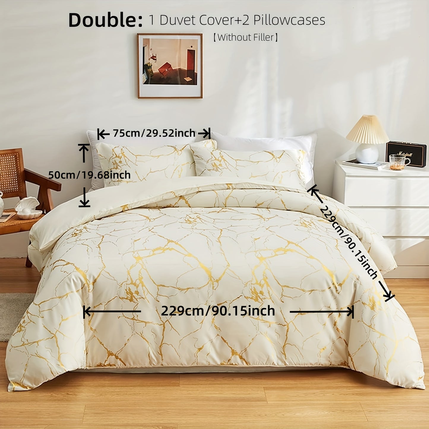 2/3pcs Flocked White Marble Pattern Quilt Cover with Glitter Golden Foil Print Bedding Set, Soft Super Fine Bedding Quilt Cover with 1 Quilt Cover and 1/2 Pillowcase. No filling included.