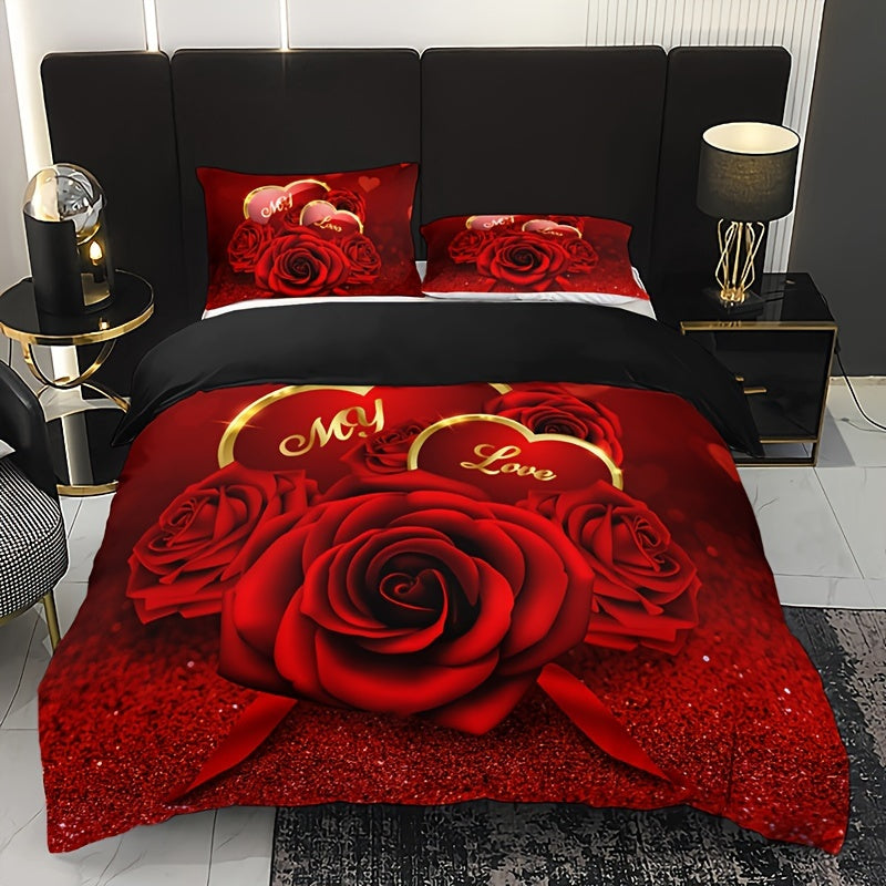 Set the mood for romance with this 3-piece Romantic Red Rose Love Floral Letter Duvet Cover Set, including 1 duvet cover and 2 pillowcases (pillow inserts not included). Featuring Valentine's Day HD printing, this bedding set is perfect for adding a