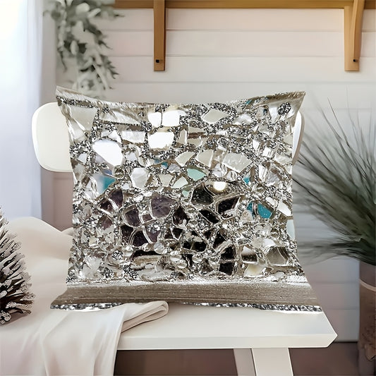 Single-sided shiny silvery sequin pillowcase with zipper closure. Made of peach skin material that is machine washable. Suitable for various rooms as a decorative cushion cover. Perfect for adding a modern touch to your home decor during Christmas.