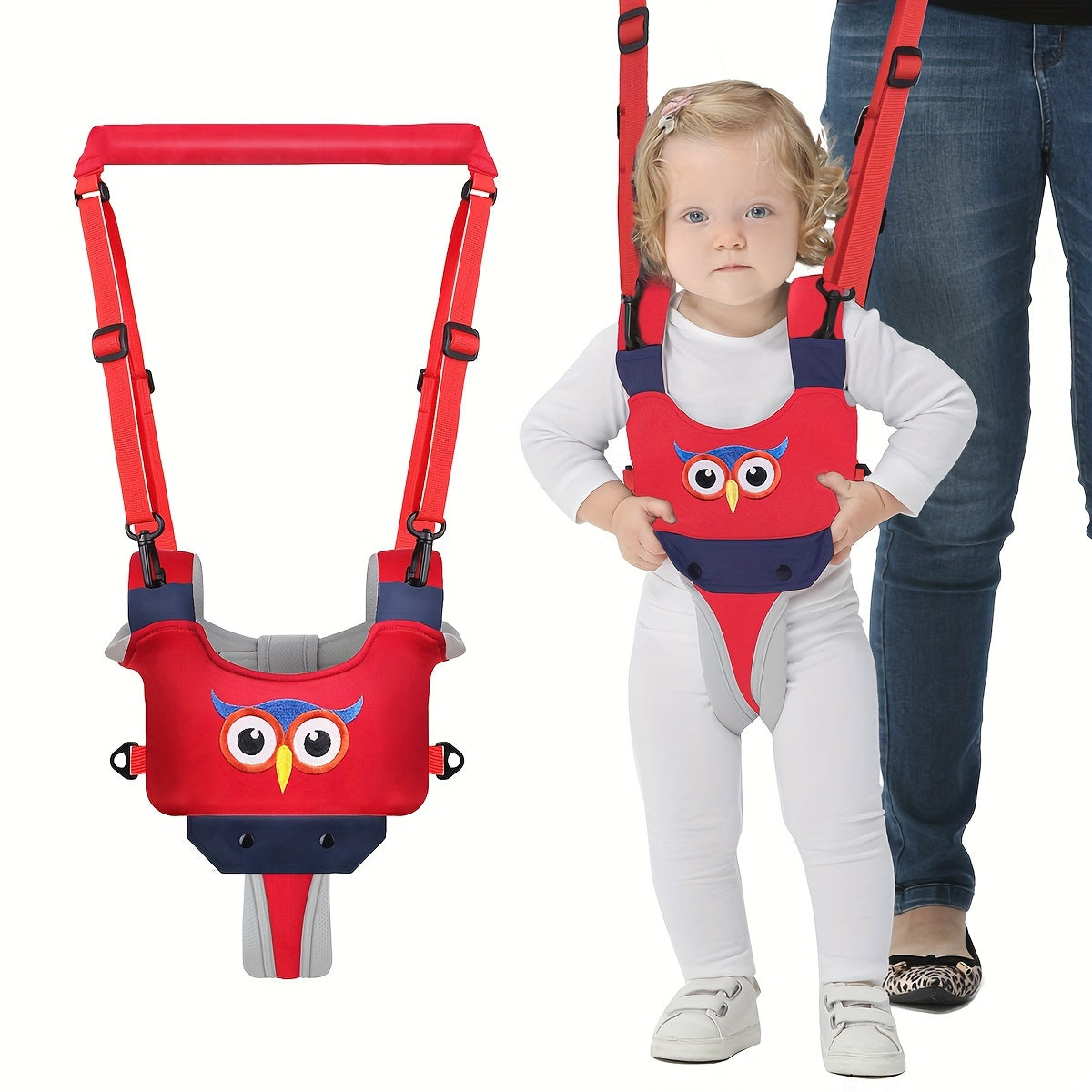 Adjustable Baby Walker Harness Assistant with Cartoon Embroidery (Penguin, Chick, Dog, Owl Designs), Breathable Learning Walk Aid for Infants and Toddlers 0-3 Years, Includes Traction Rope - 1 Pack