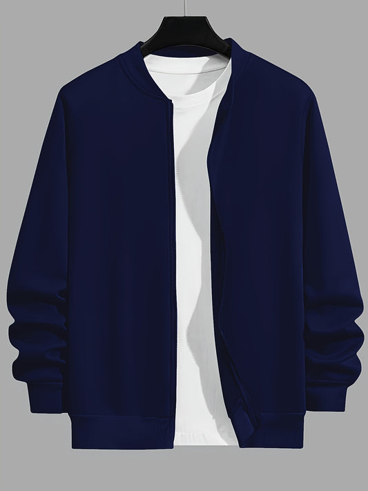 Plus size men's zip up jacket with solid color and baseball collar, perfect for fall and winter.