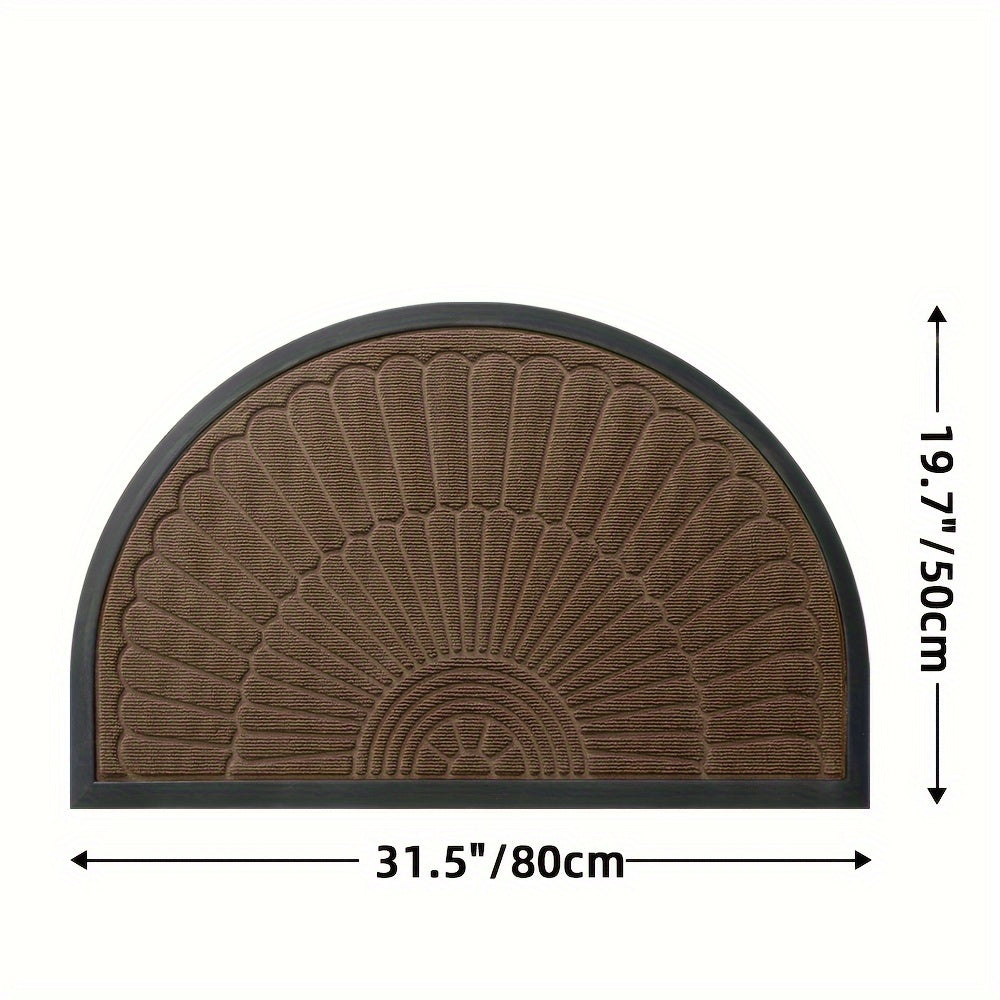 Half circle doormat made of polyester material. Can be used indoors or outdoors. Hand wash only. Ideal for entryway, balcony, patio, garage, and office. Dust-proof and anti-slip.