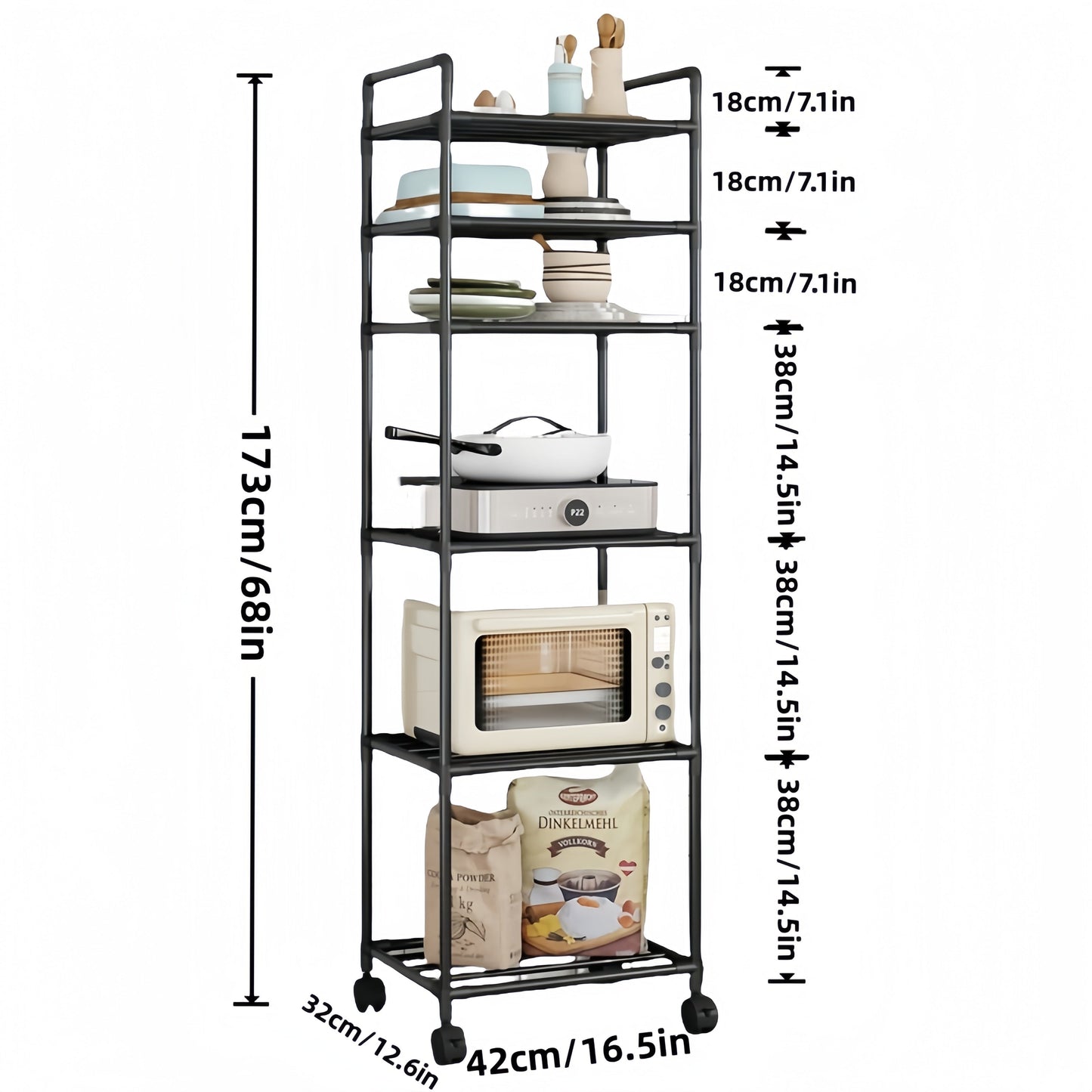 This multifunctional 6-tier rolling storage cart is made of durable metal and features wheels for effortless mobility. Ideal for organizing spaces in the kitchen, bathroom, living room, and balcony.