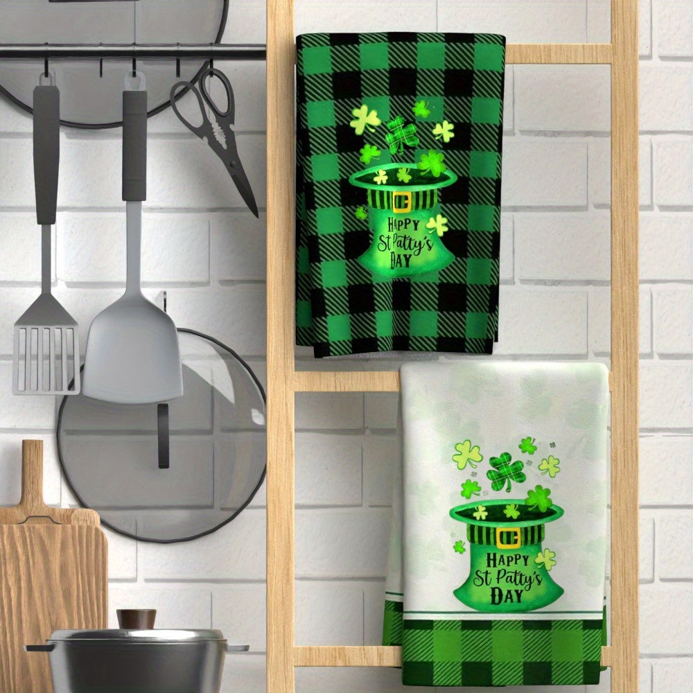 Two pieces of ultra-soft St. Patrick's Day tea towels measuring 45.72x66.04cm. These quick-dry, highly absorbent polyester dish towels feature a charming leprechaun hat and shamrock design, making them ideal for both home use and gifting. Add a festive