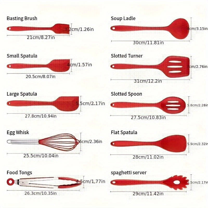Набор из 10 кухонных принадлежностей из термостойкого силикона, включая ложку, лопатку для выемки, ручной венчик для яиц, кисточку для масла и набор для выпечки, идеально подходящий для школьных принадлежностей.
