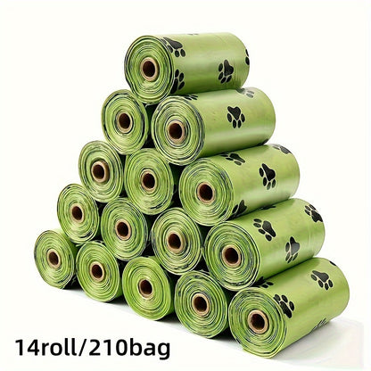 - 14 rolls of leak proof dog waste bags with cute paw print design for pet cleaning and outdoor use.