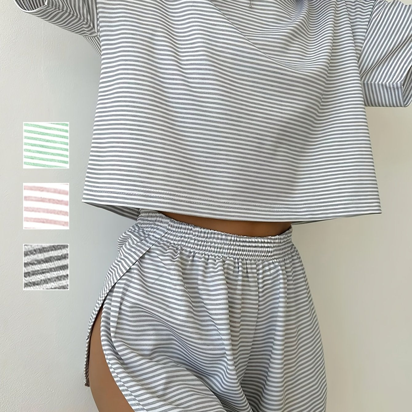 Stripe print lounge set with short sleeve crop top and side split shorts for women's fall/winter loungewear.