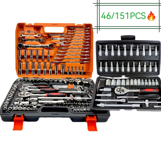 46 piece professional auto repair tool box with portable and durable ratchet wrench set for car, boat, motorcycle, and home industrial repair. Includes carrying case.