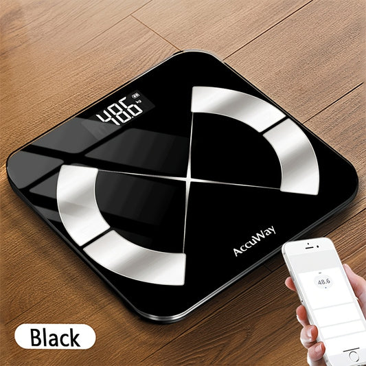 ACCUWAY Smart Bathroom Scale with precision, HD display, 181.44KG capacity, BMI & muscle moisture analysis, and mobile app connectivity.