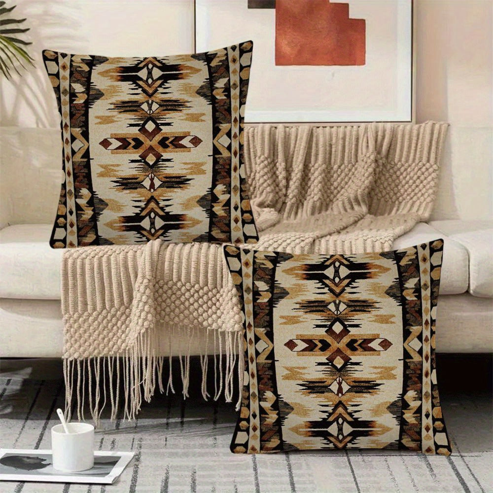 Set of 2 Stylish Native American-Inspired Antique Flannel Pillow Covers, 45.72x45.72 cm, Cozy Short Plush Cushion Cases with Zipper Closure, Easy to Clean in Washing Machine, Versatile All-Season Decorative Pillowcases for Couch, Bed, Car - Perfect for