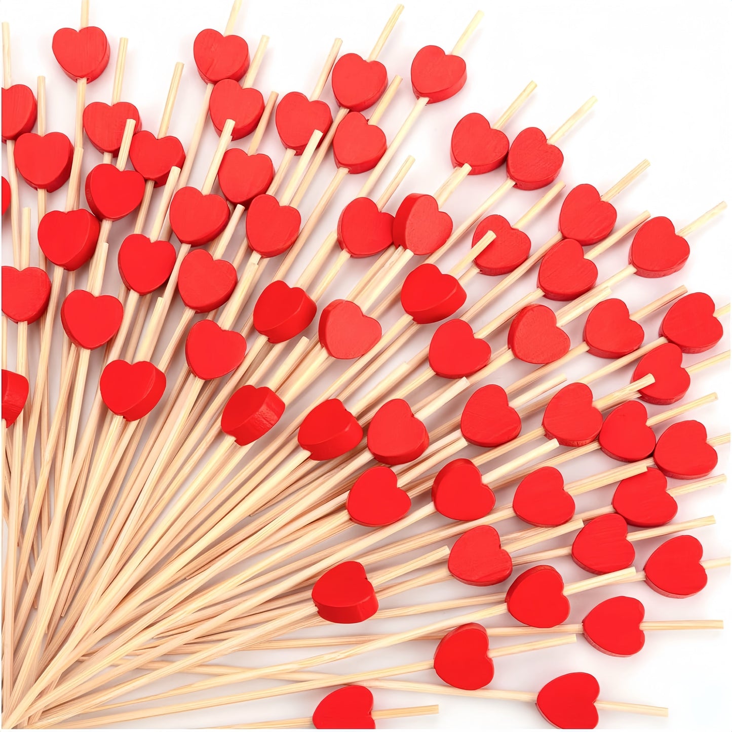 100pcs red heart cocktail picks, 11.94 cm bamboo skewers for bridal shower, wedding, and Valentine's party. Great for decorating food and drinks.