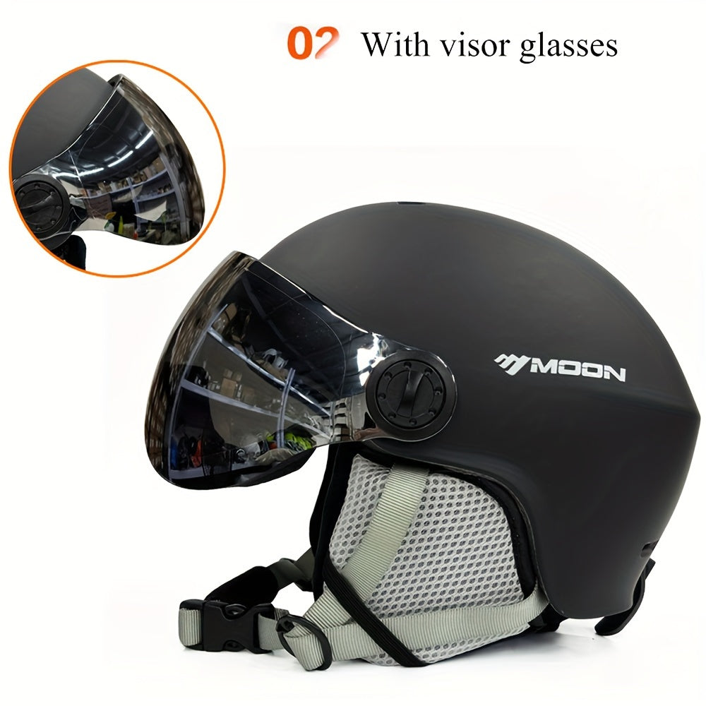 Moon Ski Helmet with Goggles offers all-around protection for outdoor sports like snowboarding and skateboarding. Features include a PC+EPS construction, universal fit, integrated visor