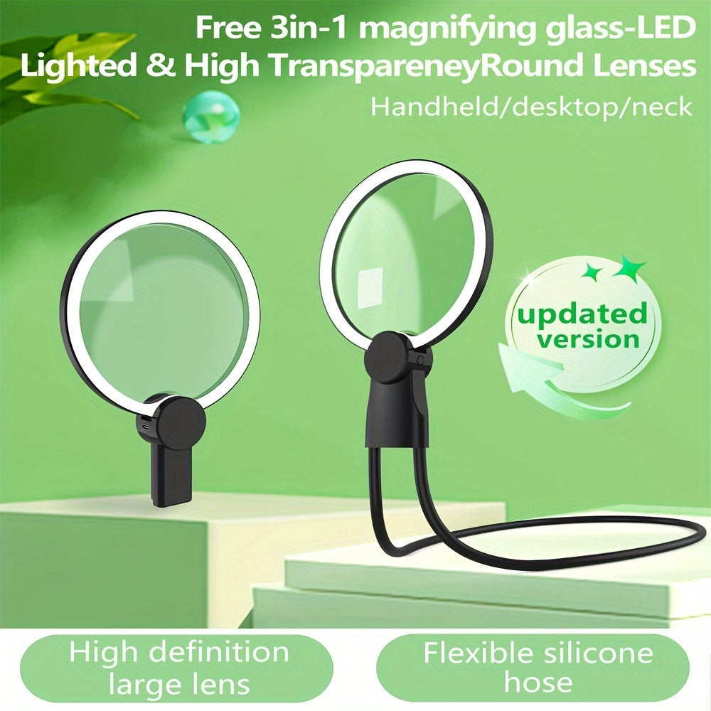 USB rechargeable LED magnifying glass with adjustable brightness and long-lasting 10,000mAh battery, great for reading, sewing, and crafts, specially designed for seniors.