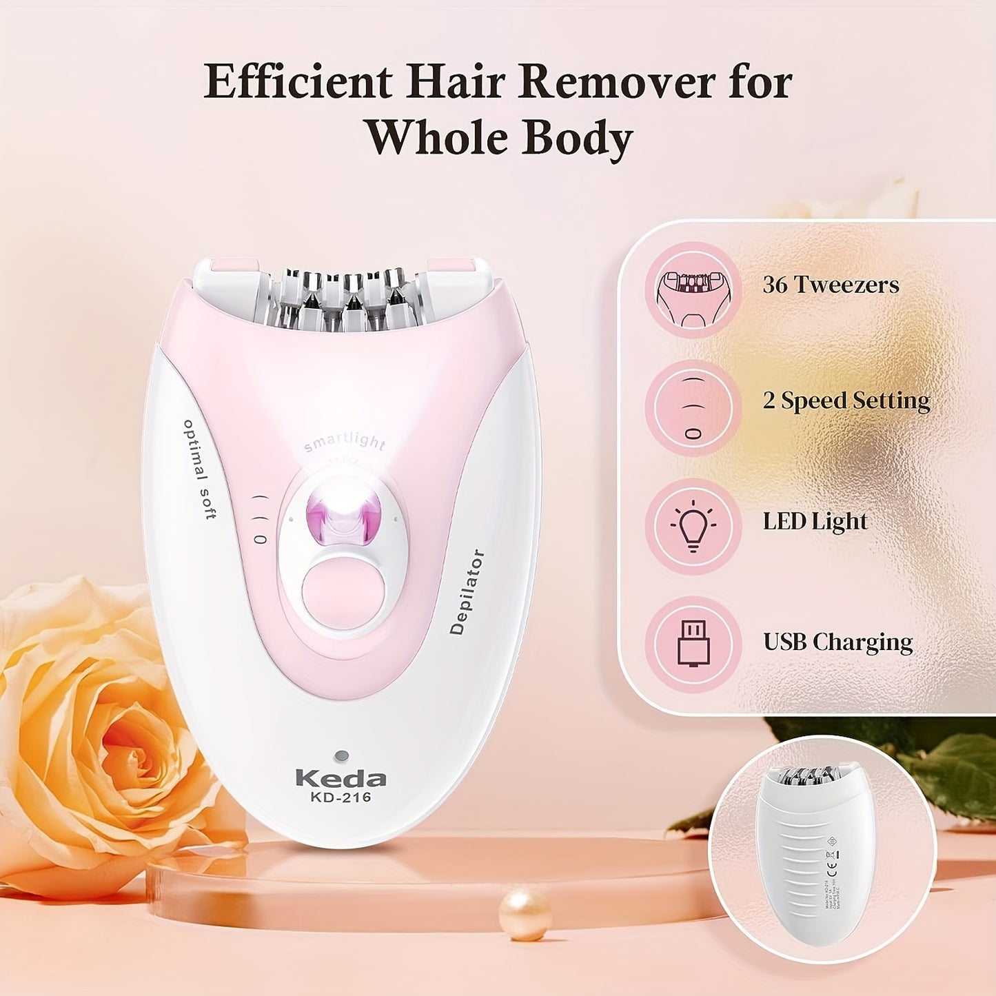 HATTEKER Electric Epilator for Women with Smartlight, Stainless Steel Blade, USB Charging, Rechargeable Nickel Battery - Effective Hair Removal with minimal discomfort.