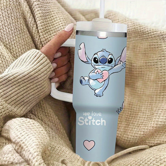 Disney Stitch 40oz stainless steel water bottle with lid and straw, leak resistant, double walled vacuum insulated, large capacity, perfect for travel.