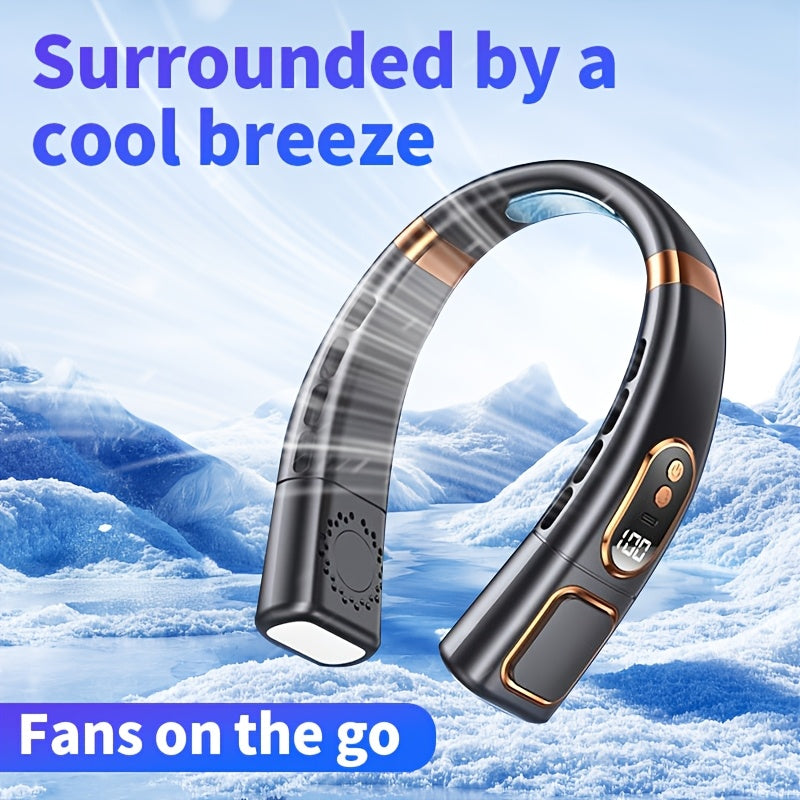 Stay cool on the go with the JKUOO Portable Neck Fan featuring 5 speed settings and 360° cooling capabilities. This fan comes equipped with a 1200mAh rechargeable lithium battery, LED light and screen display, USB charging capabilities, and easy button