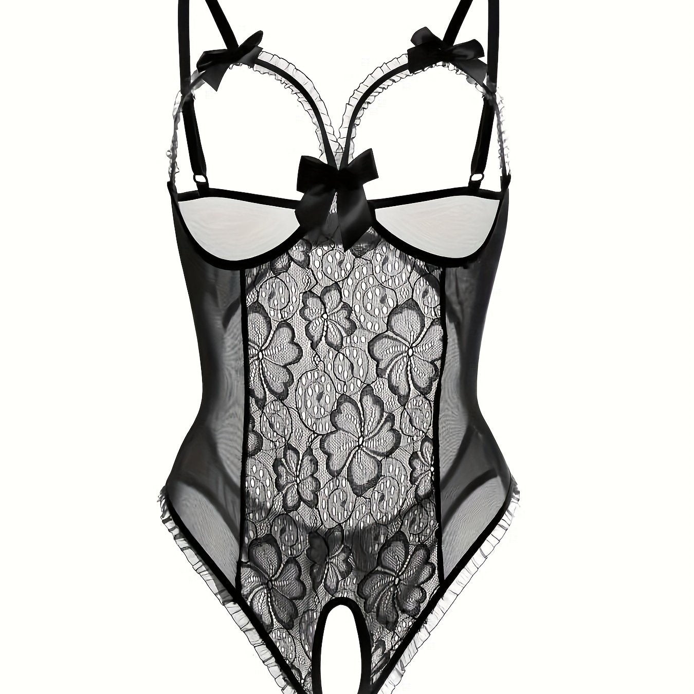 Women's sexy lingerie featuring a floral lace ruffle trim teddy and crotchless bodysuit.